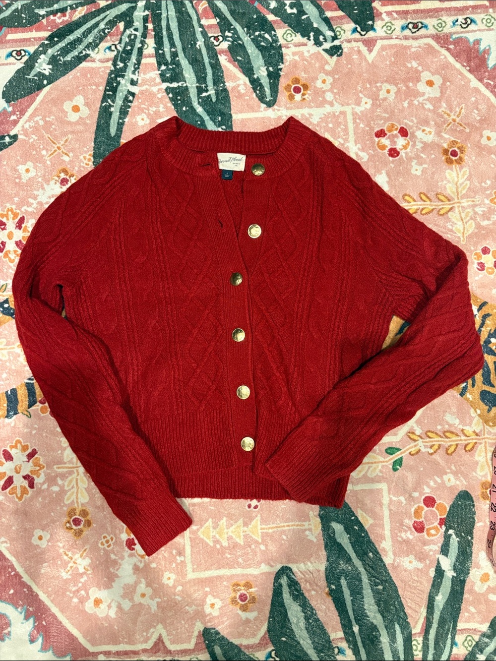 Classic Cable-Knit Red Button-Front Women's Sweater